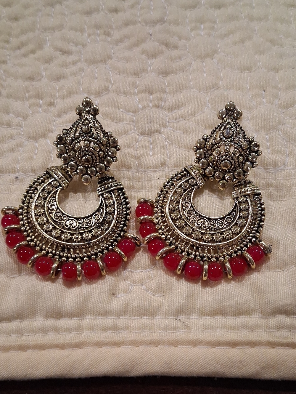 Indian Style Gold Tone Hoop Earrings with Red Bead Fringe Pierced Needs Backing